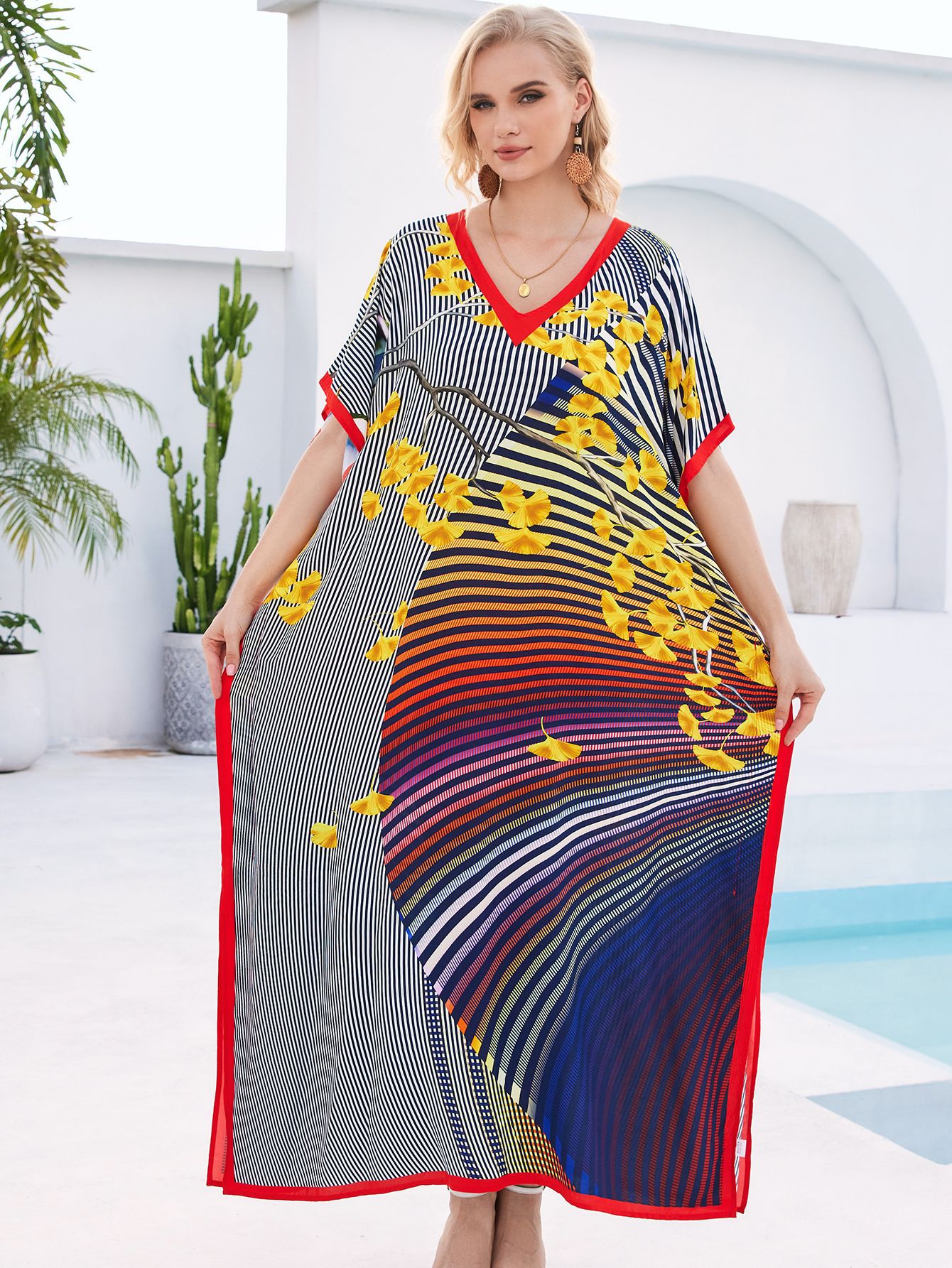 Camiseta de playa de algodón impresa suelta vestido de vacaciones bikini camiseta protector solar bañador abrigo buñuelo AT560