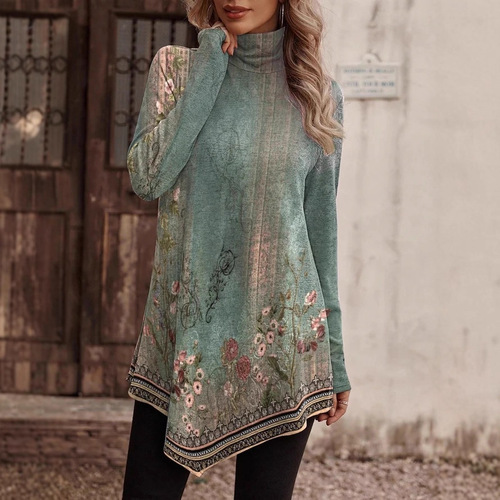 Autumn and winter European and American TEMU independent station new high-necked national style fashionable casual long-sleeved T