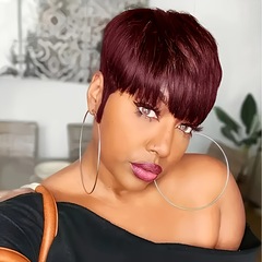 Women 6Inch Pixie Cut Wig with Bangs 99J wig 真人发humanhair