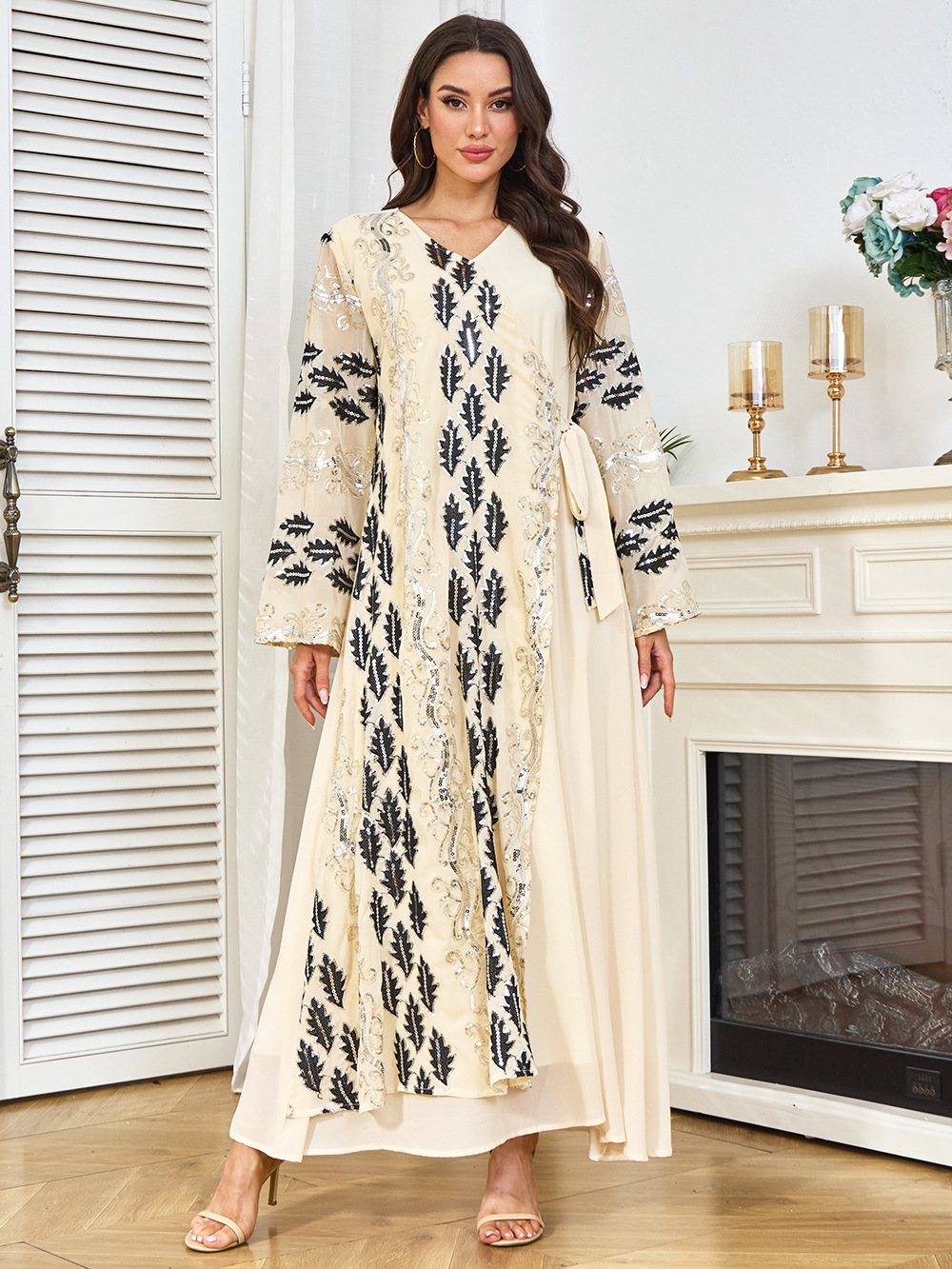 New Cross-border Dubai Abaya Clothing, Abaya, Middle Eastern Dress, Long-sleeved Sequined Arabic Gown_ecoleips.com