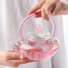 透明粉色蝴蝶花茶壶耐热玻璃煮茶壶家用茶具电陶炉煮茶提梁壶单壶