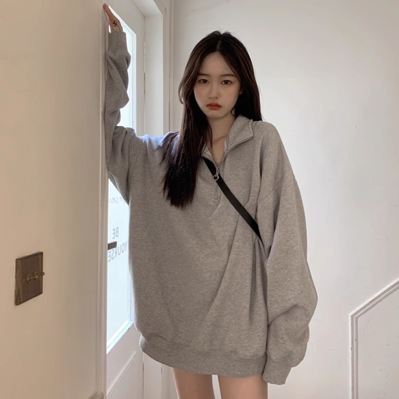 2025新款美式小众polo领卫衣秋季宽松套头上衣中长款外套女装学生|undefined