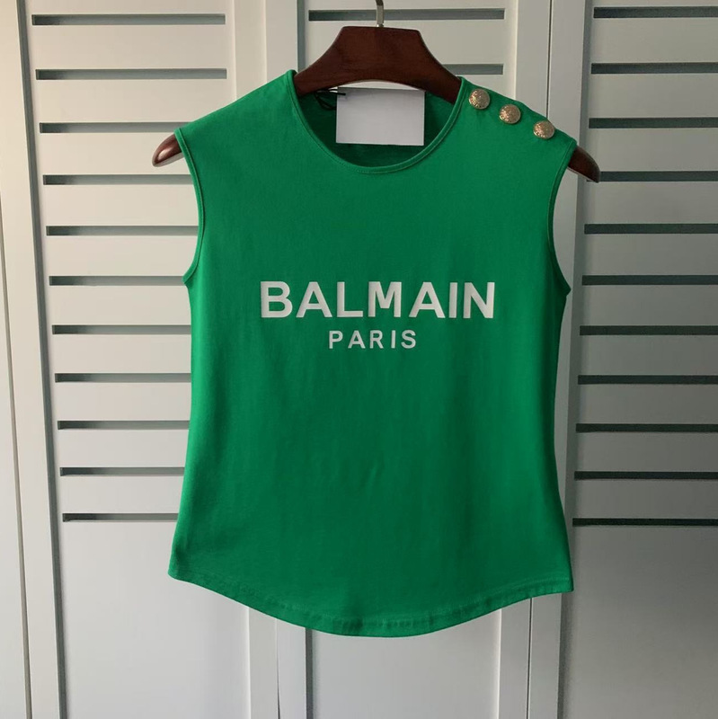 Spring and Summer New balmain balmain Sleeveless Hot Stamping Shoulder Gold Buckle Vest Arc Bottom T-shirt for Women