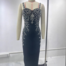 新款黑色礼服高端欧美跨境手工钉珠性感吊带高定晚宴红毯绷带礼服