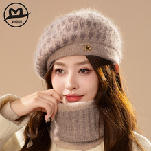 新款时尚贝雷帽女秋冬韩版兔毛帽子围脖二件套冬天加绒保暖毛线帽