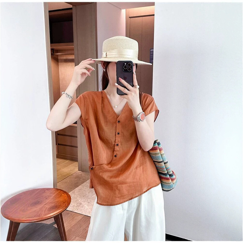 Side Button Ruffle Sleeve Linen Shirt for Women, European Style 2026 Summer New European Fashion Doll-Style Blouse Side Button Ruffle Sleeve Linen Shirt for Women, European Style 2026 Summer New European Fashion Doll-Style Blouse