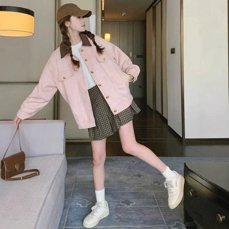 韩系粉色麂皮绒短外套女2025新款秋冬学院风翻领独特别致开衫夹克|undefined