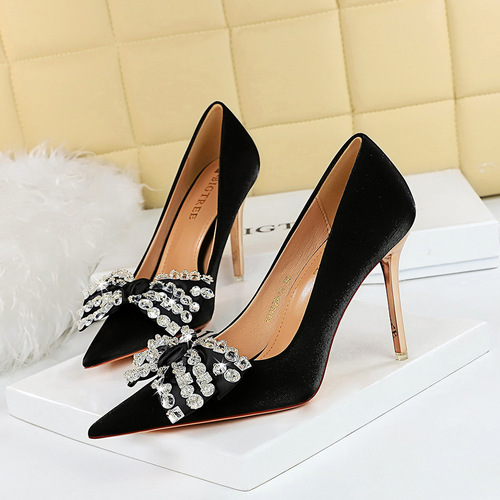 1829-H1 Banquet High Heels European and American Style Stiletto Heels Super High Heels Shallow Mouth Pointed Toe Satin Rhinestone Bow Shoes