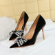1829-H1 Banquet High Heels, European and American Style Slim Heels, Super High Heels, Shallow Toe, Satin, Rhinestone Bow Tie Single Shoes