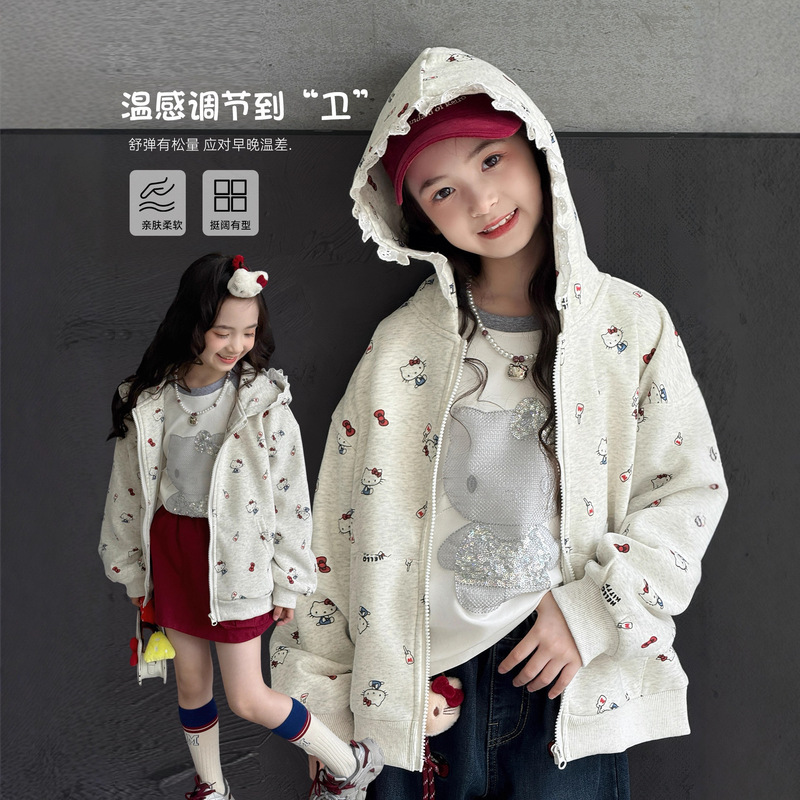Girls' Autumn Cartoon Hooded Jacket 2025 New Korean Style Long-Sleeve Lace Patchwork Cardigan Trendy for Older Children