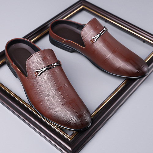 Leather summer flat head half slippers men's business casual bright leather shoes pointed formal dress men's shoes
