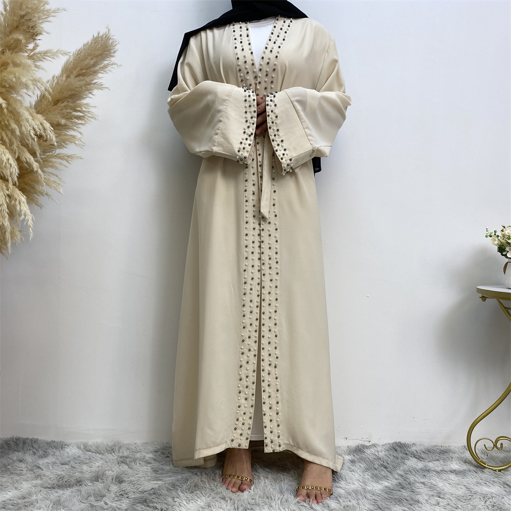 Arab Turkish Middle Eastern Fashion Elegant Solid Color Beaded Muslim Tie-Up Cardigan Robe 1838_ecoleips.com