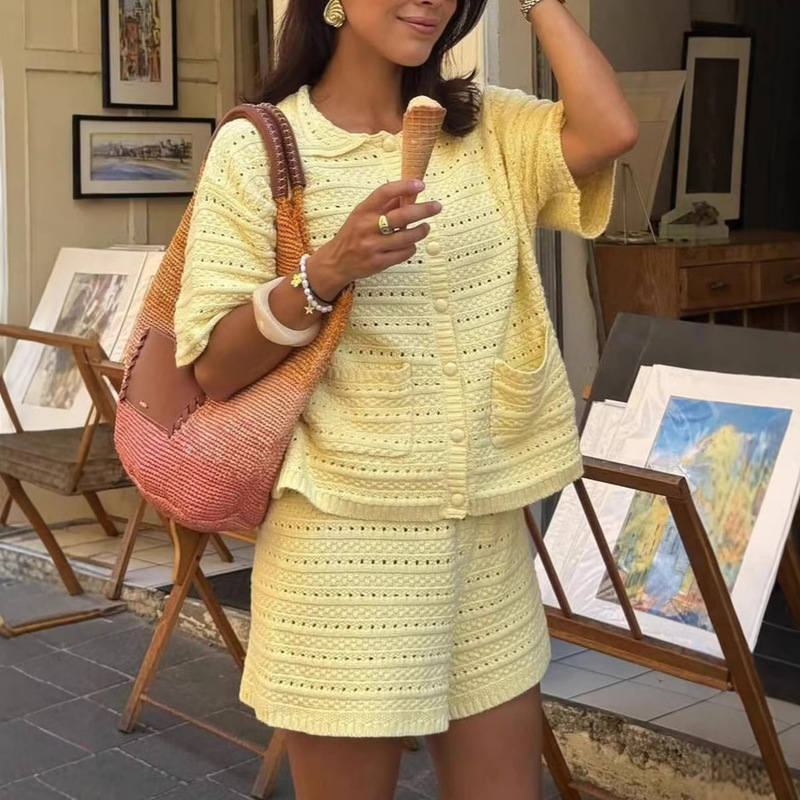 European and American Cross-Border 2026 Spring/Summer Foreign Trade Amazon New Short-Sleeve Solid Color Knitted Cardigan + Shorts 2-Piece Set European and American Cross-Border 2026 Spring/Summer Foreign Trade Amazon New Short-Sleeve Solid Color Knitted Cardigan + Shorts 2-Piece Set
