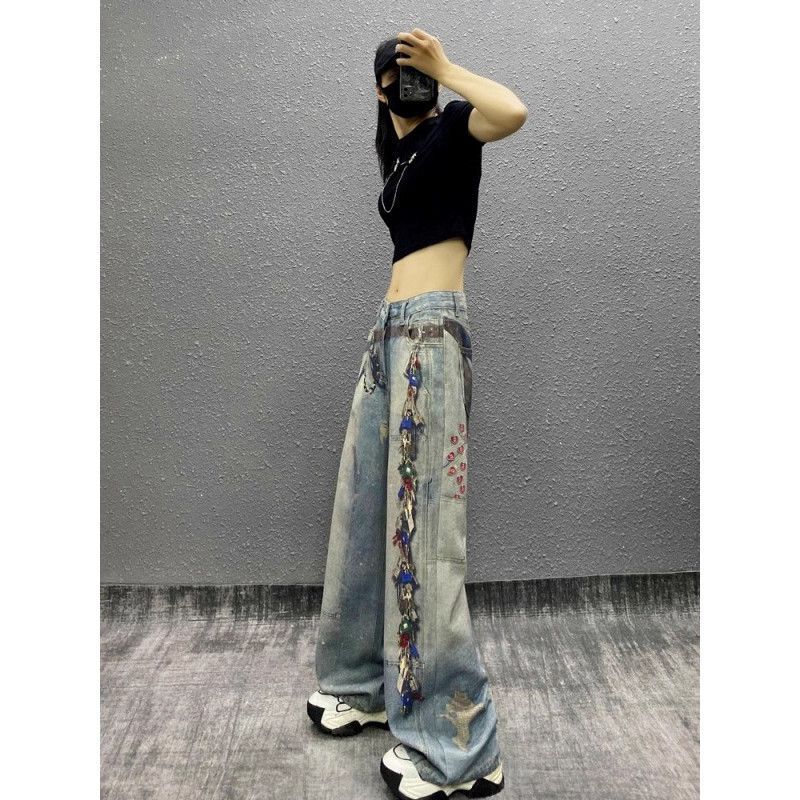 2025夏季新款辣妹复古印花阔腿牛仔裤女夏季高腰直筒垂坠感长|undefined