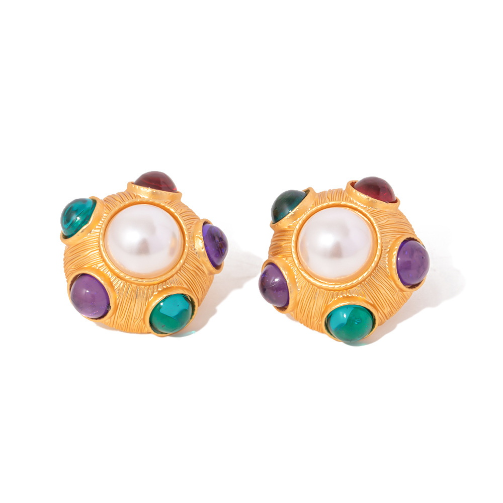 Vintage Style Geometric Copper Inlay Artificial Pearls Ear Studs 1 Pair