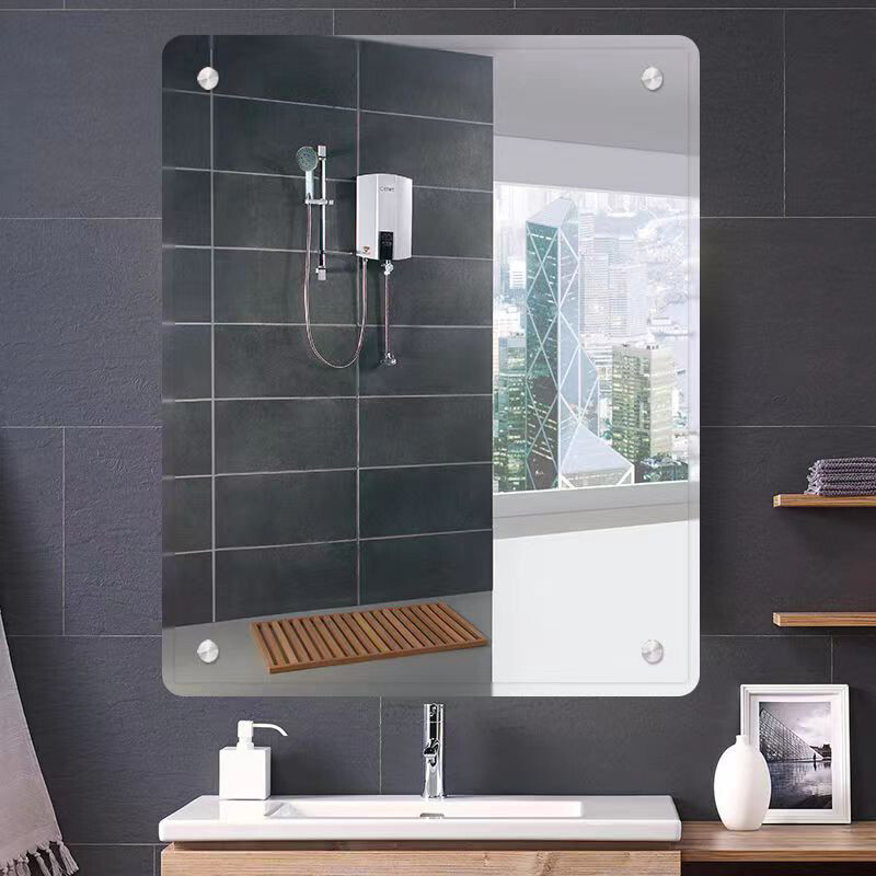 Espejo de baño sin marco montado en la pared espejo cosmético venta al por mayor tamaño lente cuatro esquinas punzonado hotel ingeniería espejo