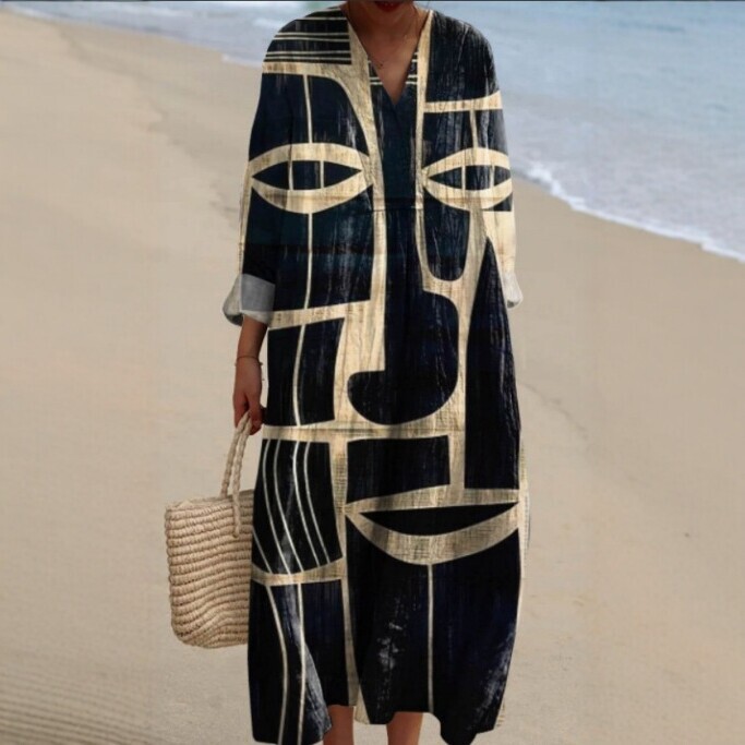 2026 Spring New Style European and American Style V Neck Printed Loose Dress Women's Casual Vacation Beach Dress Short Sleeves 2026 Spring New Style European and American Style V Neck Printed Loose Dress Women's Casual Vacation Beach Dress Short Sleeves
