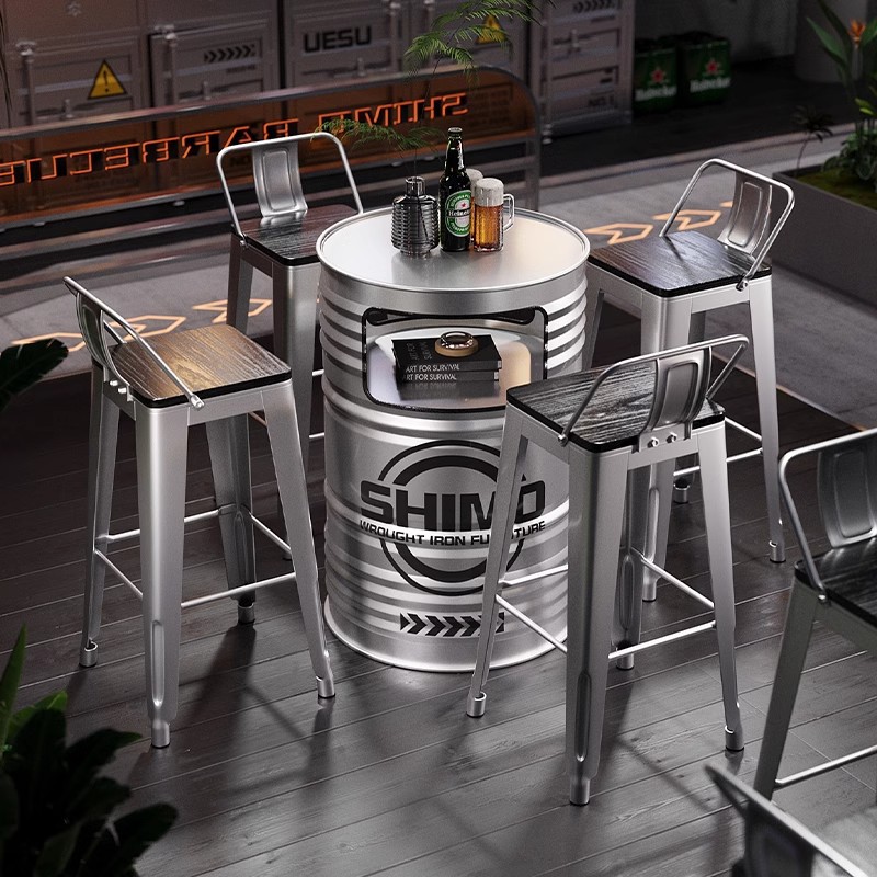 Industrial Air Oil Bucket Bar Scattered Table Iron Card Seat Table and Chair Creative Outdoor Rest Area Commercial High Table and Chair Combination