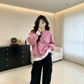 2026新款假两件卫衣女圆领拼接撞色宽松慵懒风百搭休闲长袖上衣