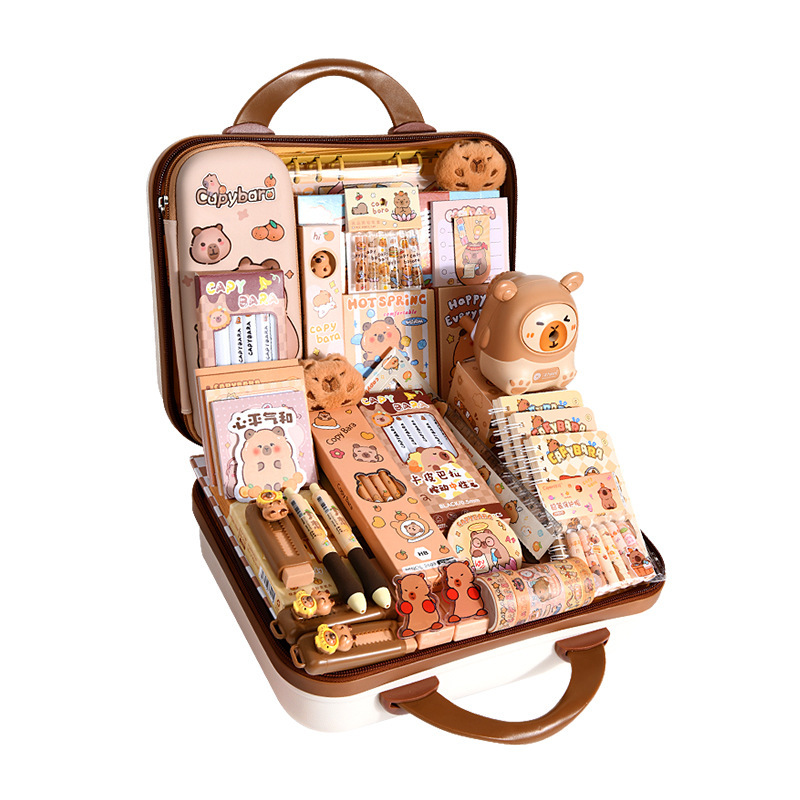 Paquete de regalo de regreso a clases para estudiantes de primaria, caja de regalo con artículos de papelería educativos, set de capibara, pegamento en crema, agenda