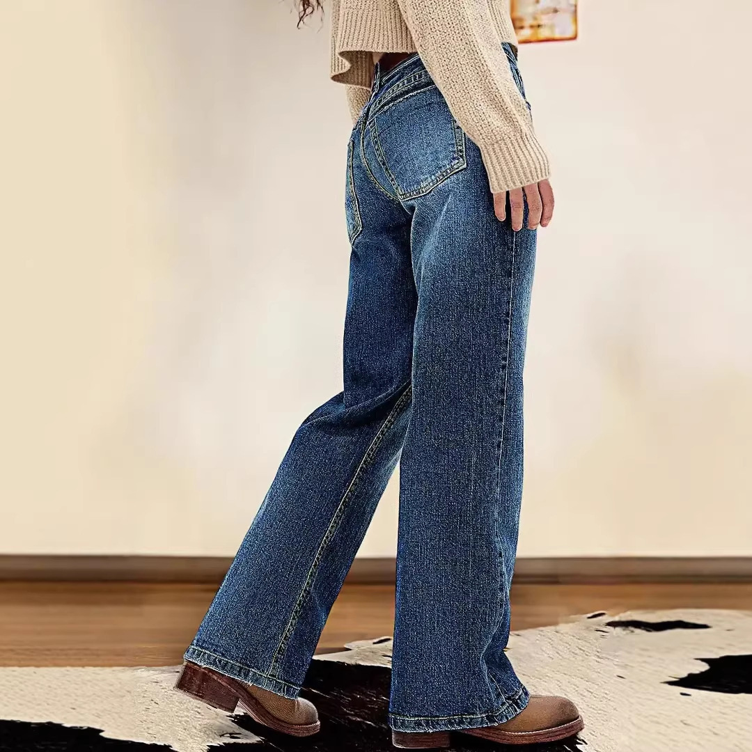Jeans de Pierna Ancha para Mujer de Mezclilla de Algodón, Tiro Alto, Corte Relajado, Microelástico, para Uso Diario image 5