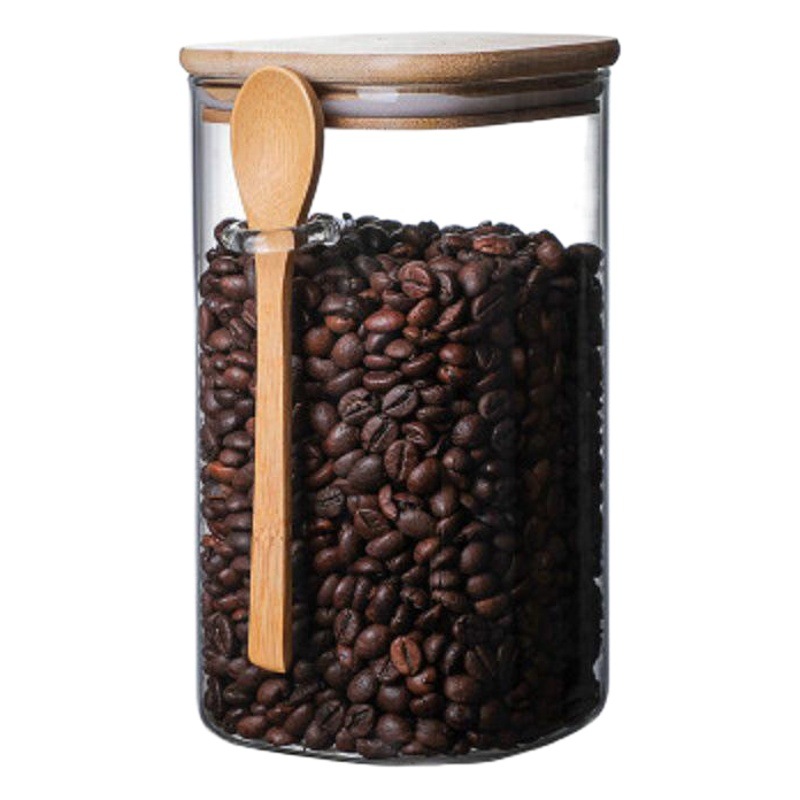 Fábrica al por mayor vidrio cuadrado sellado frasco de almacenamiento con cuchara de madera caja de condimento frascos de almacenamiento de granos de café caja de suministros de cocina