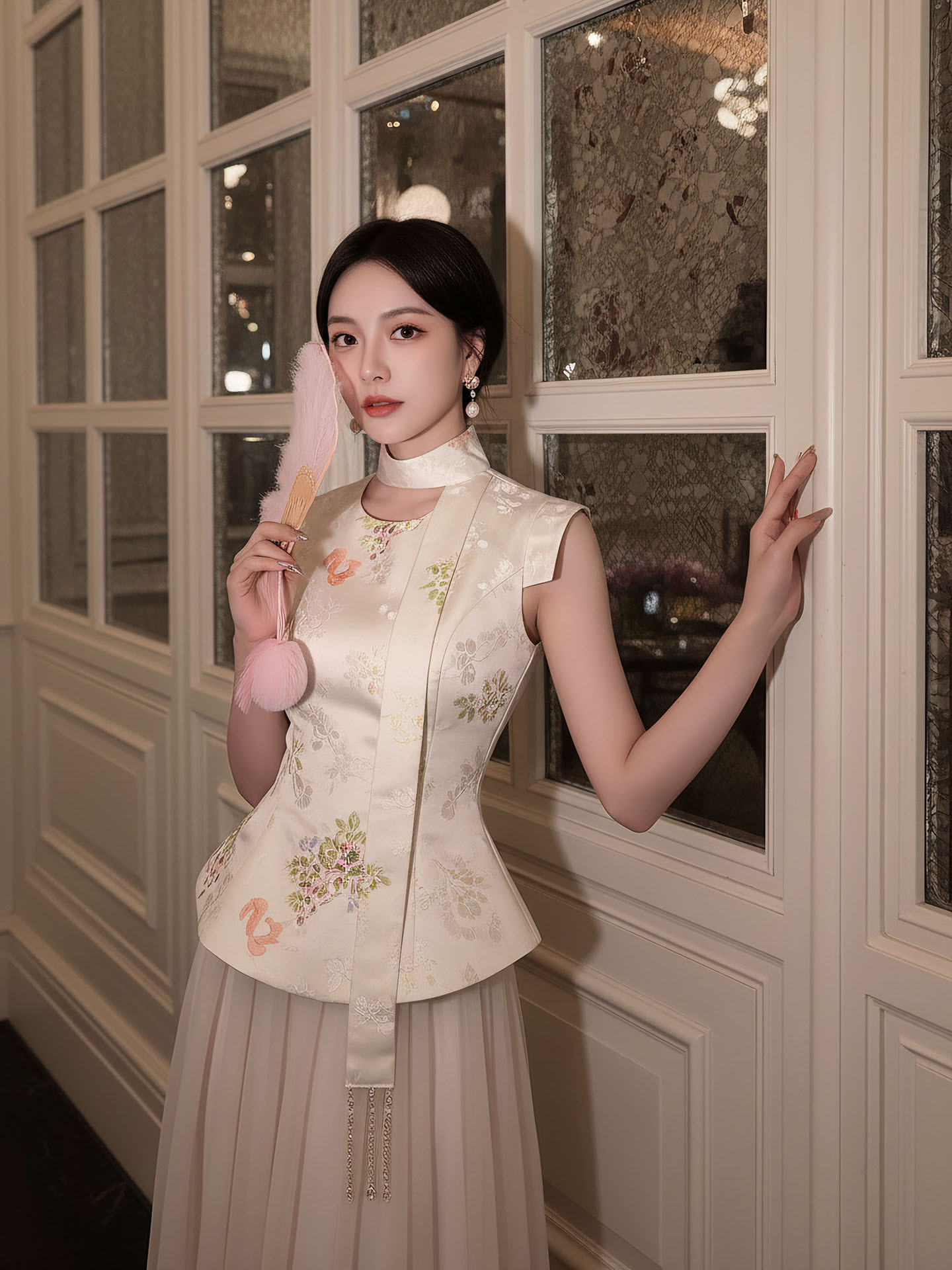Bộ áo vest gile và chân váy lưới thêu hoa phong cách tân cổ điển — bộ đồ, nửa váy, Áo khoác màu mơ