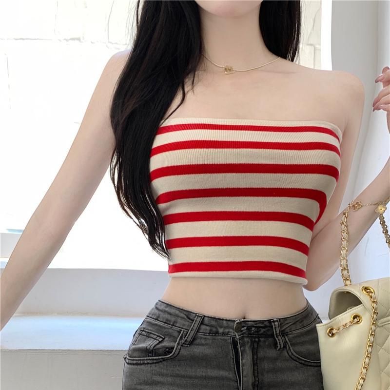 Knitted Tube Top Women's Summer Stripesd Sexy Outer Vest Strapless Slim Bottoming Top Women's Clothing 2024 New Style
