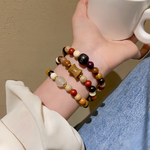 Guofeng Multi-Bead Pearl Bracelet, New Chinese Traditional Ethnic Style Beaded Retro Bracelet Accessory, Ancient Style Wooden Zen Meditation Beads Necklace