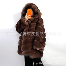 2022新款狐狸皮草女士外套冬季保暖連帽防紫貂色大衣