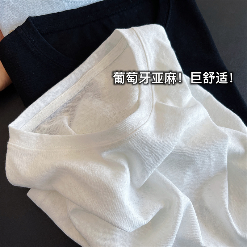 Portuguese Linen! High-End Texture Versatile Slimming Look Cool Summer White Round Neck T-Shirt Short-Sleeved Women's Summer