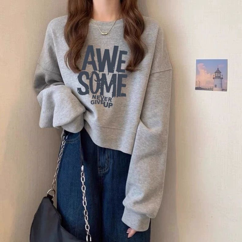 宽松卫衣圆领套头短款卫衣女春秋长袖上衣高腰显瘦小个子无帽薄款