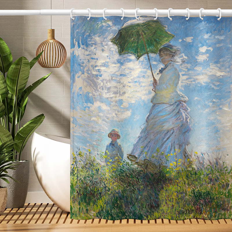 Cross-border new product Spring Asia Polyester Shower Curtain Monet's Painting Shower Curtain No Hole Toilet Waterproof Anti-Mold Bathroom Curtain