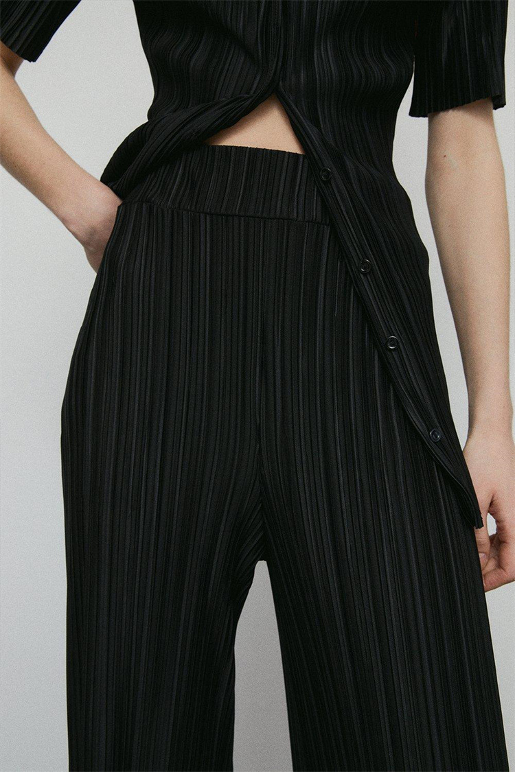 Summer Short Sleeve Loose Pleated Straight Leg Pants Two-Piece Set Sexy Complex Set Collar Sexy Set