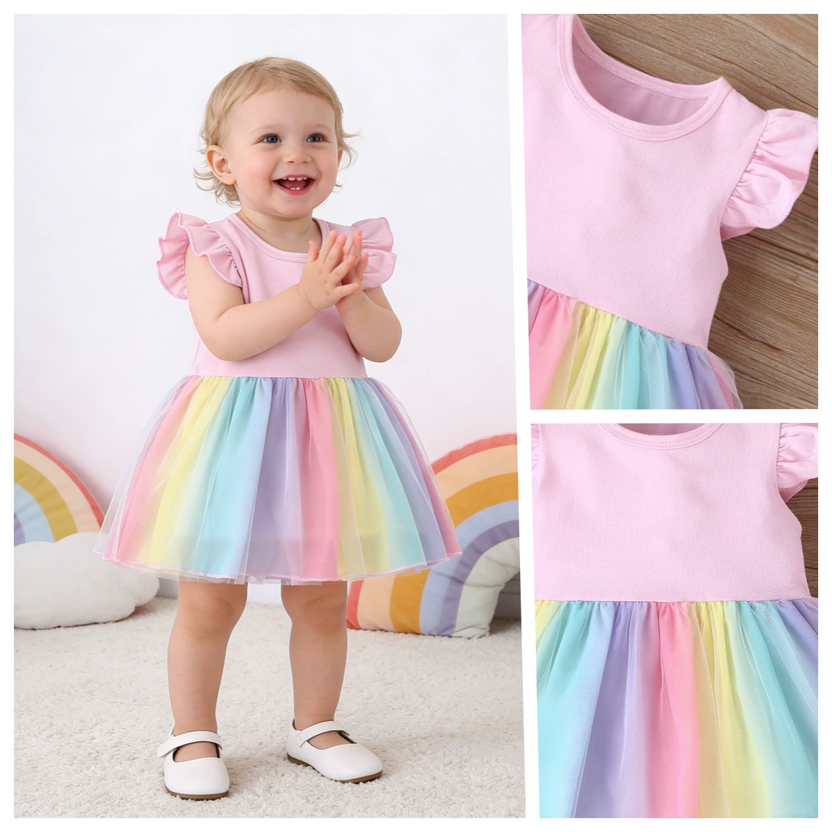 Трансграничная внешняя торговля Летний новый женский ребенок летающий рукав Радужная юбка модная принцесса маленькая летающая рукава платье на месте