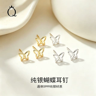s999纯银蝴蝶耳钉女ins风气质耳饰甜酷简约迷你蝴蝶小银耳饰耳环