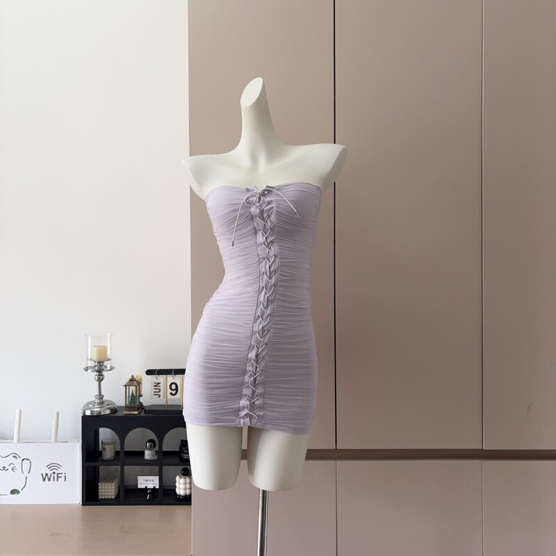 2026 real-shot autumn new model strapless ruched lace-up pure desire slim-fit bodycon dress 2026 real-shot autumn new model strapless ruched lace-up pure desire slim-fit bodycon dress