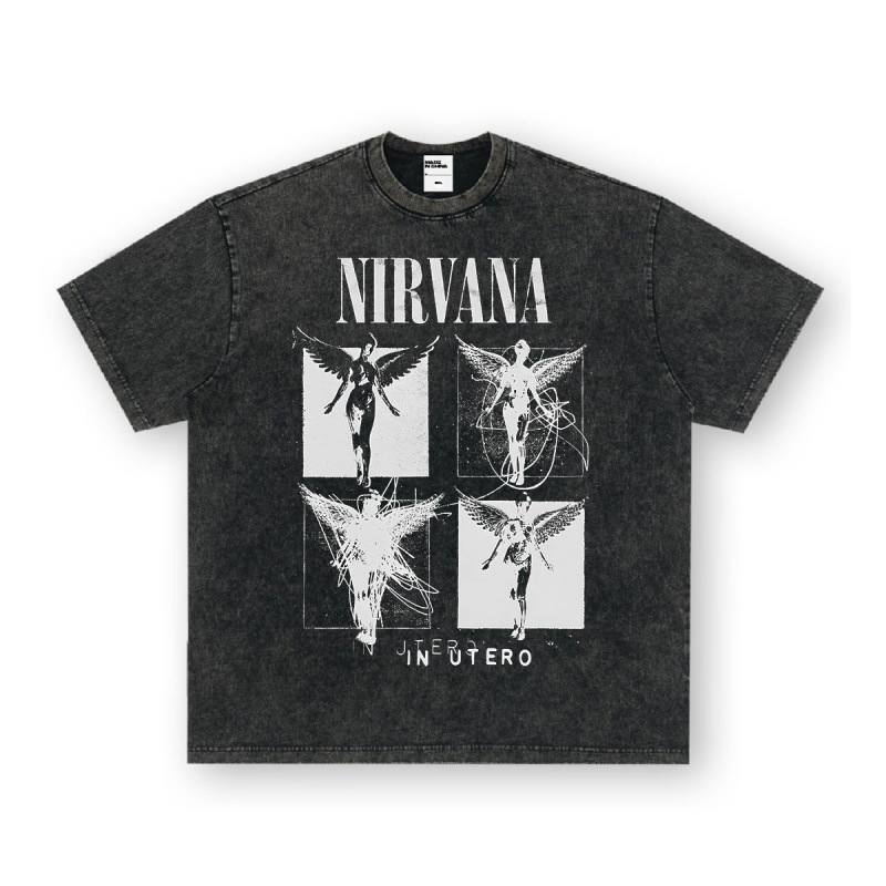 NIRVANA ロックアメリカン 3D デジタルプリントレトロ半袖 T シャツクロスボーダープリントアメリカンファッションヴィンテージ模造綿|undefined
