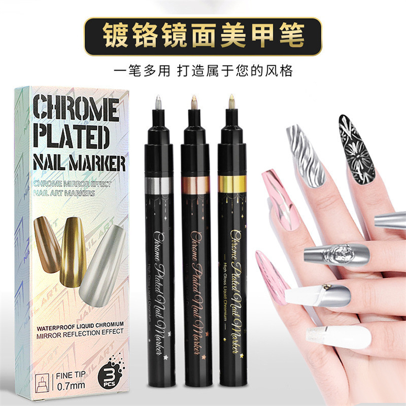 Cross-border Manicure Graffiti Pen Chrome-plated Metal Mirror Mark Pen Painting Flower Hook Edge Gold and Silver Painted Manicure Pen