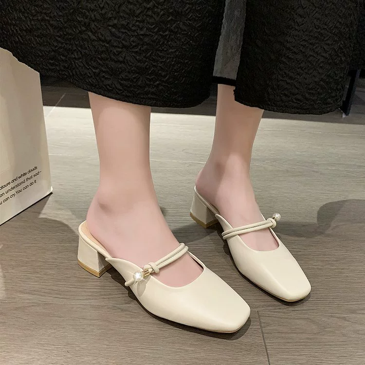 Тапочки Женские 2023 Новая женская обувь Весенне-летние тапочки с закрытым носком и квадратным носком Женские модные сандалии на среднем каблуке на массивном каблуке для женщин