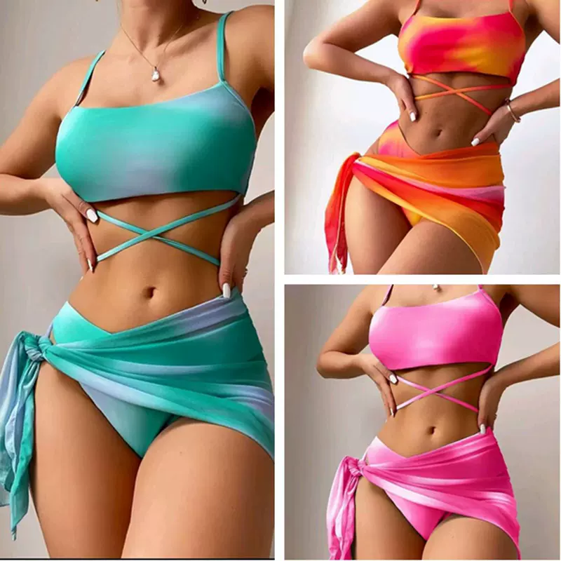 23鹤轩新款欧美性感分体女士泳衣扎染三件套印花bikini亚马逊泳装