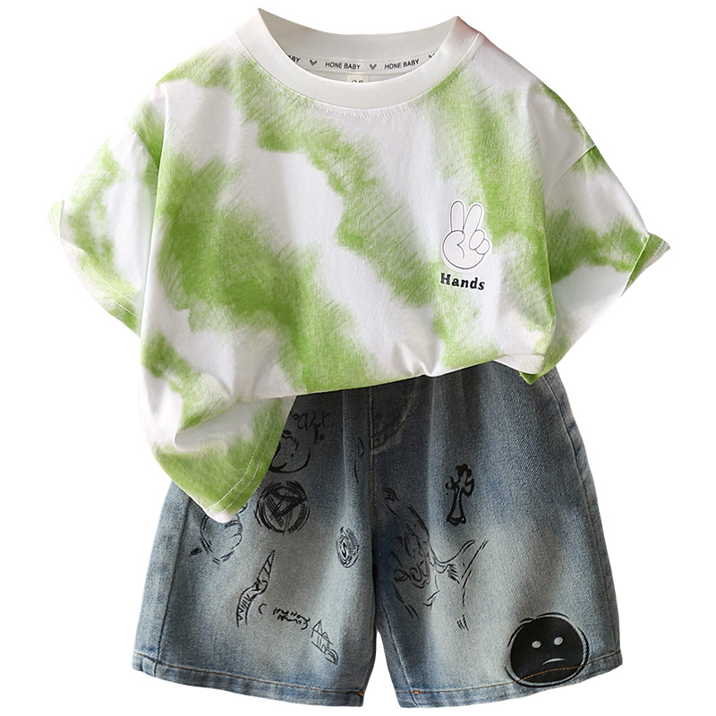7281 Traje de verano para niños 2025 Nuevo estilo Camiseta estampada de manga corta para niños guapos Verano Versión coreana de dos piezas Verano