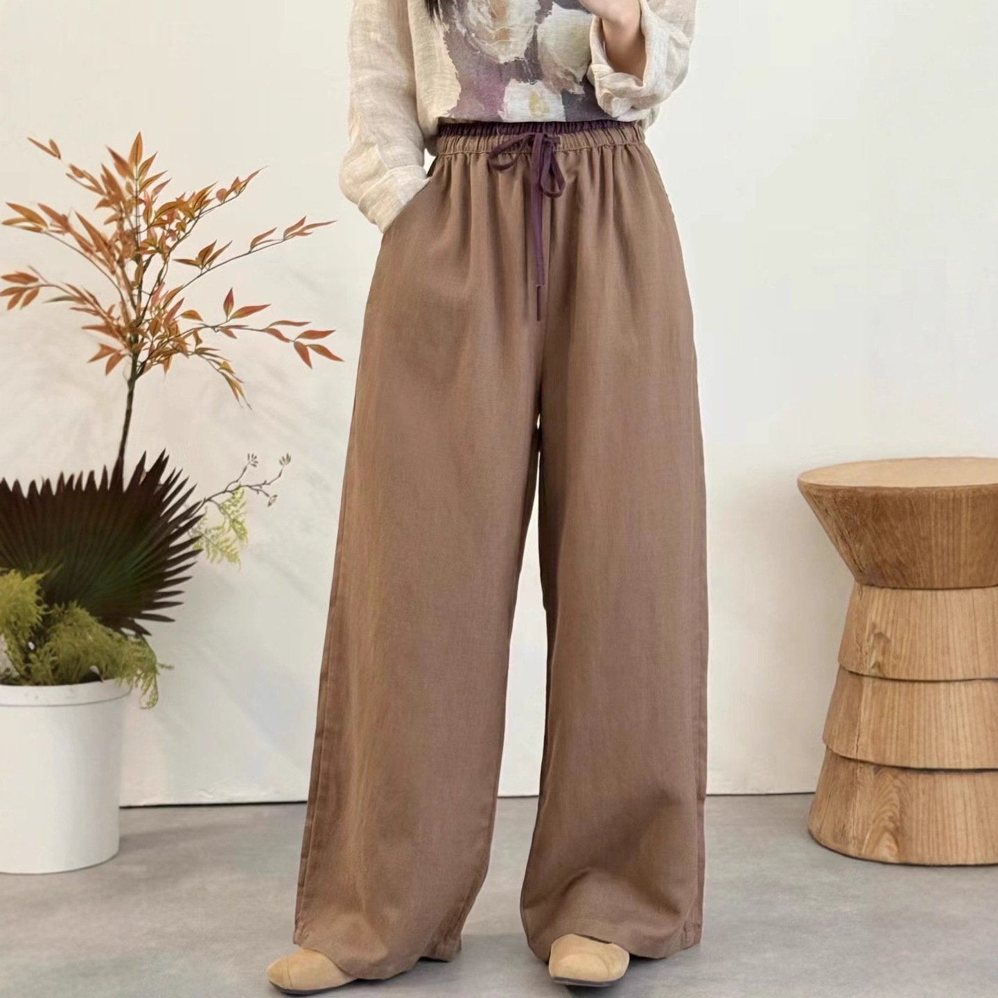 New Elastic Waist Artistic Retro Loose Straight Pants with Contrasting Color Linen Wide Leg Pants for Women