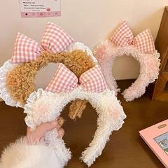 甜心腮紅小熊耳朵蝴蝶結蕾絲洗臉發箍女化妝發卡可愛毛絨頭箍頭飾