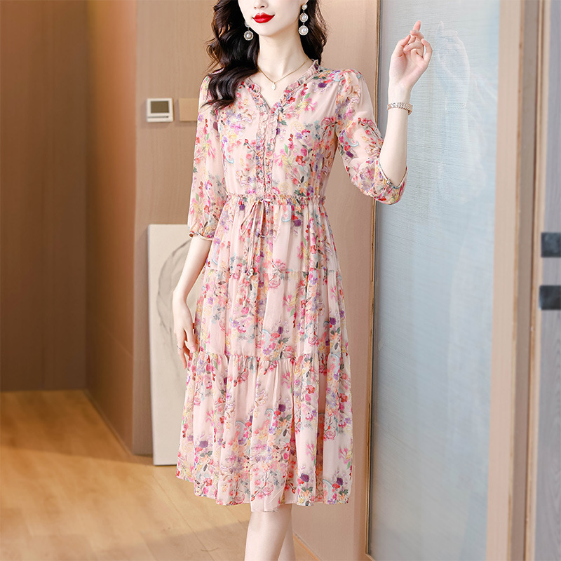 ハイエンドのファッショナブルなマルベリーシルクサマードレス、小柄な花柄の薄いシルクの気質、スリムでスリムな女性のロングドレス|undefined