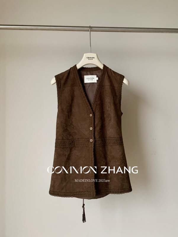CZ ZHANG秋美式复古废土风中长款绣花马甲女绑带休闲外套B37660|undefined