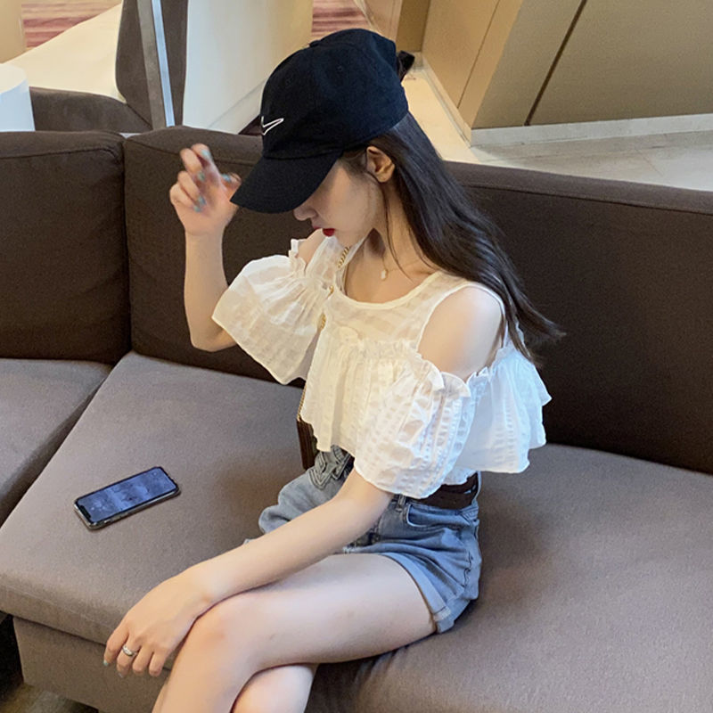Shirt for Women, New Korean Style Student Chiffon Blouse, Internet Celebrity Super Fairy Shirt, Women's Ruffled Off-Shoulder Top
