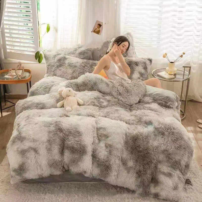 Sábana de cuatro piezas para cama de terciopelo de visón grueso, funda de edredón de felpa cálida de invierno, juego de cuatro piezas de terciopelo de cristal de color sólido