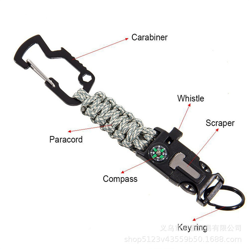 Outdoor Mountaineering Emergency Hand Rope Small Horn Shark Keychain Hook Multifunctional Bottle Opener Compass Umbrella Rope Key Chain