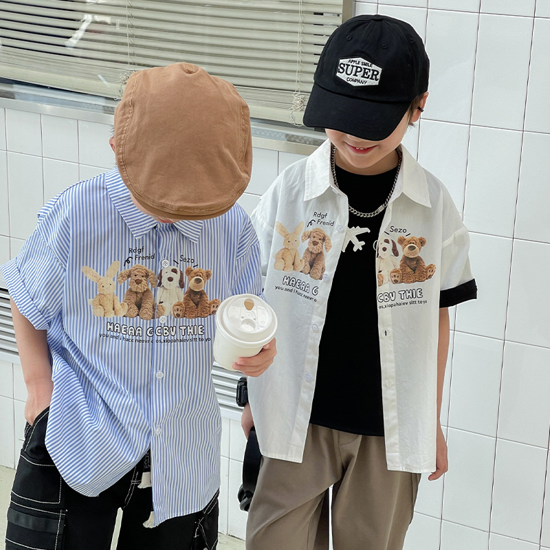 Ropa de verano para niños de estilo coreano Chaqueta de punto a rayas de moda camisa de manga corta casual para niños de moda Mori camiseta para niños